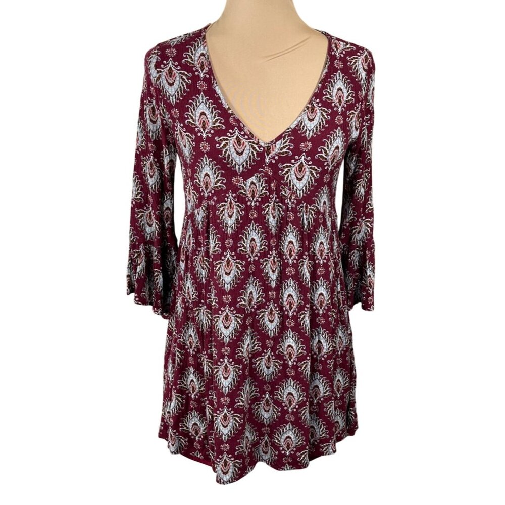 Andree Tunic Top Mini Dress Size S Small Burgundy V-Neck Flutter Sleeve